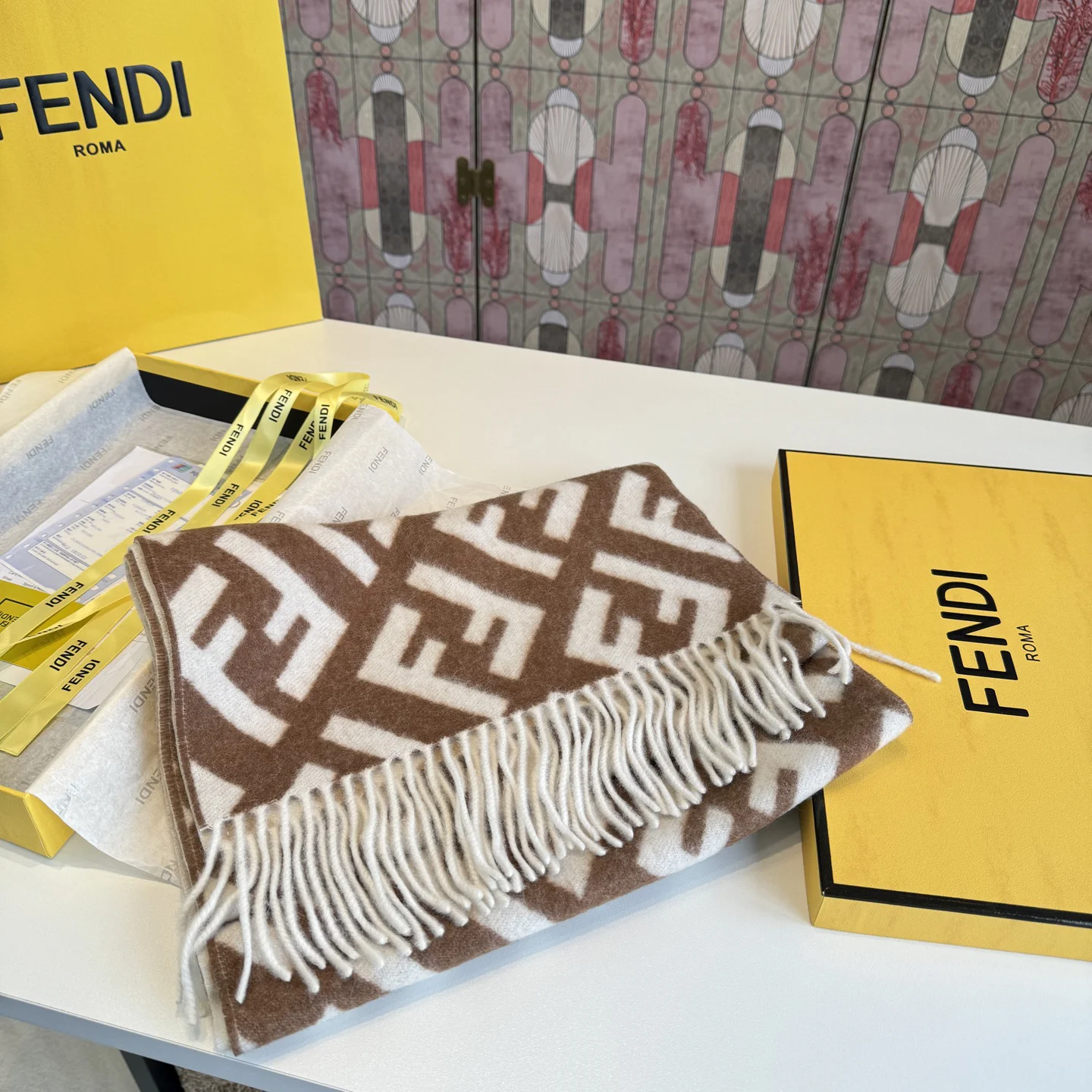 FENDI Scarves Cashmere Wool Brown-White One Size A1010070357 - Image 9