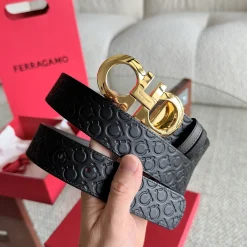 FERRAGAMO Belts Black-Gold 3.5cm Width A7010050001
