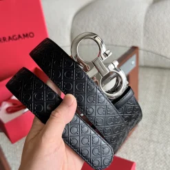 FERRAGAMO Belts Black-Silver 3.5cm Width A7010050000
