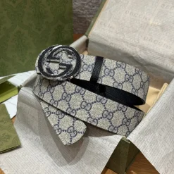 GUCCI Belts Canvas Leather Beige-Black 40cm Width A6010050101