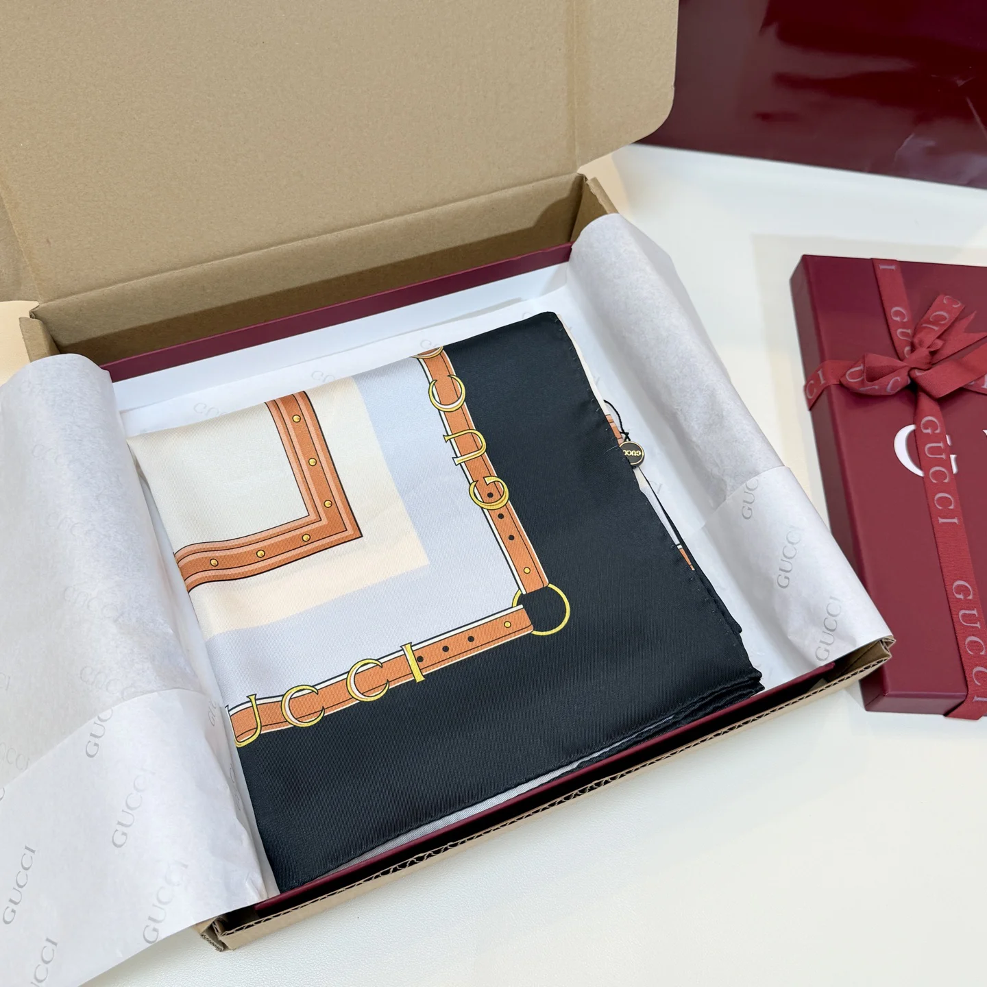 GUCCI Scarves Silk Black-Brown-Gold-White 90X90 A1510073037 - Image 2