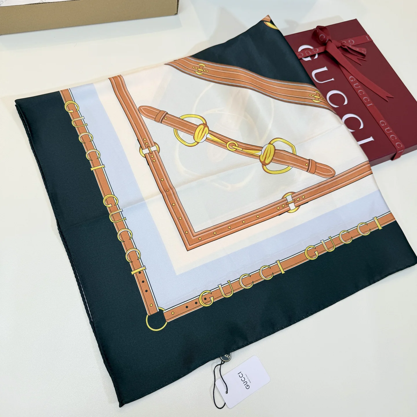 GUCCI Scarves Silk Black-Brown-Gold-White 90X90 A1510073037 - Image 3