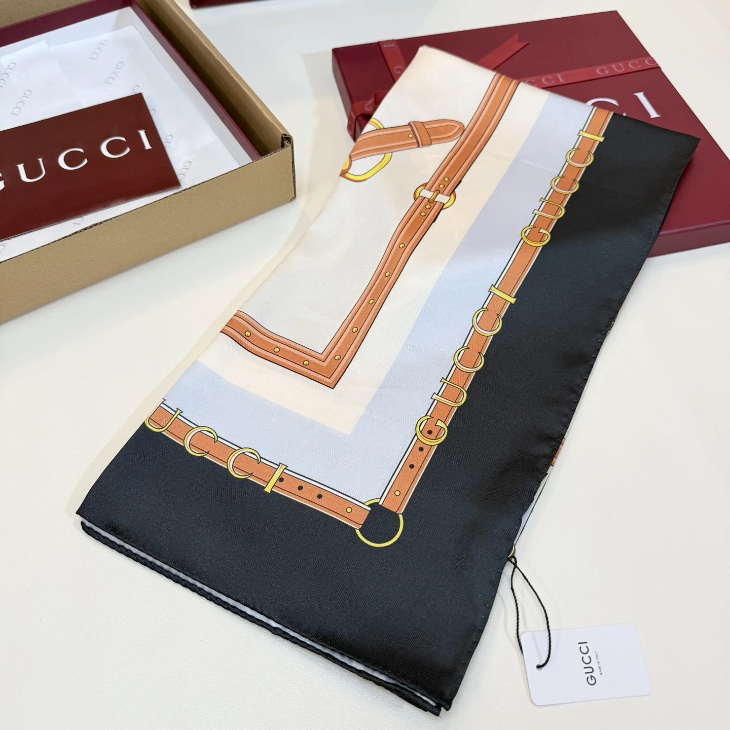 GUCCI Scarves Silk Black-Brown-Gold-White 90X90 A1510073037 - Image 4