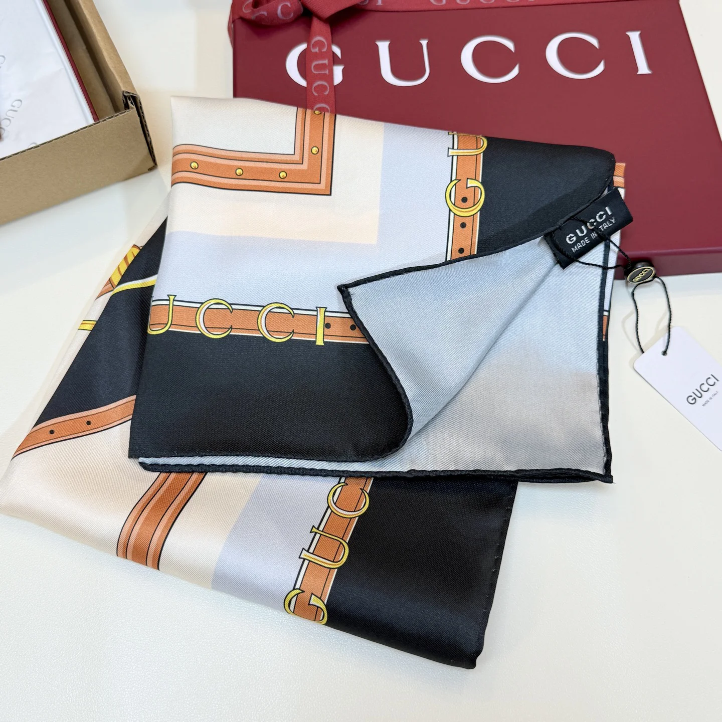 GUCCI Scarves Silk Black-Brown-Gold-White 90X90 A1510073037 - Image 7