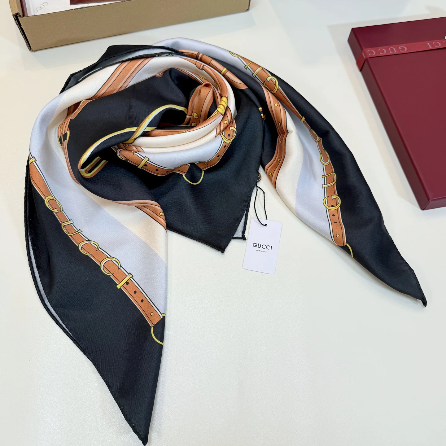 GUCCI Scarves Silk Black-Brown-Gold-White 90X90 A1510073037 - Image 8