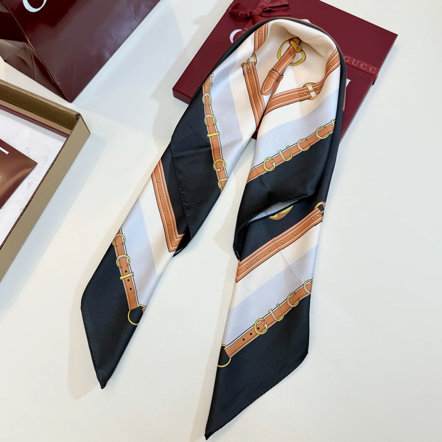 GUCCI Scarves Silk Black-Brown-Gold-White 90X90 A1510073037 - Image 9