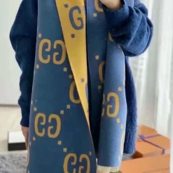 GUCCI Scarves Silk Wool Blue-Gold One Size A3010071145