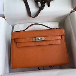 HERMES Clutches Bags Epsom Leather Orange-Silver 22CM F5010061503