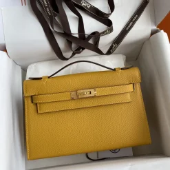 HERMES Clutches Bags Epsom Leather Yellow-Gold F5010061517