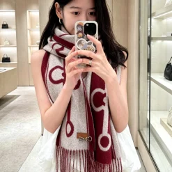 HERMES Scarves Cashmere Beige-Burgundy A1010070102