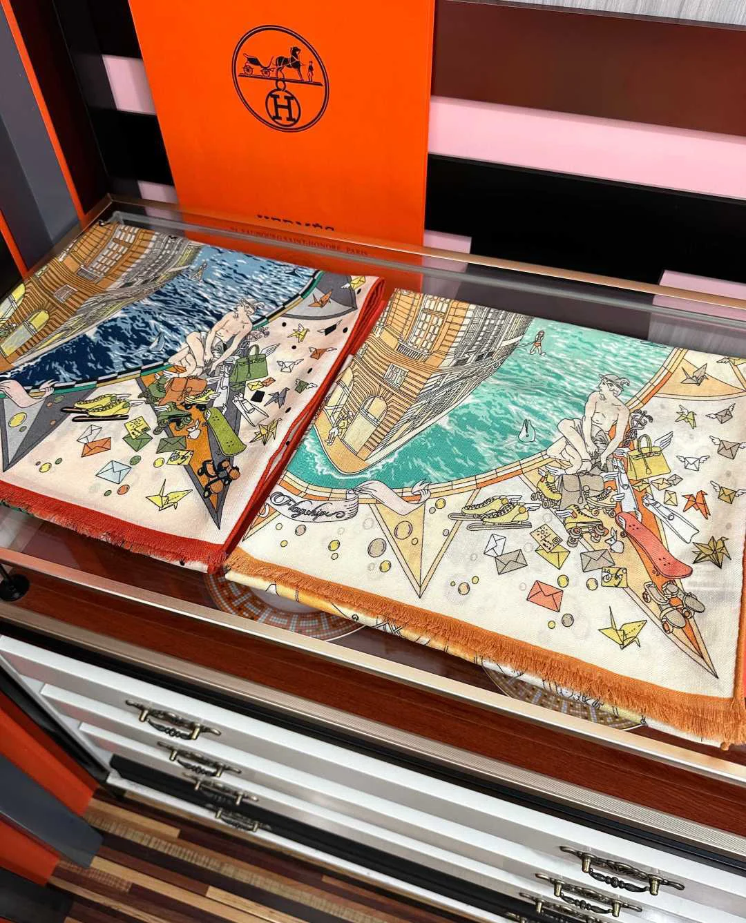 HERMES Scarves Cashmere Beige-Green-Orange 65x185 A8510073271 - Image 2