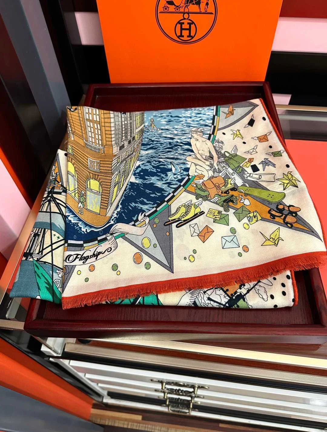 HERMES Scarves Cashmere Beige-Green-Orange 65x185 A8510073271 - Image 3