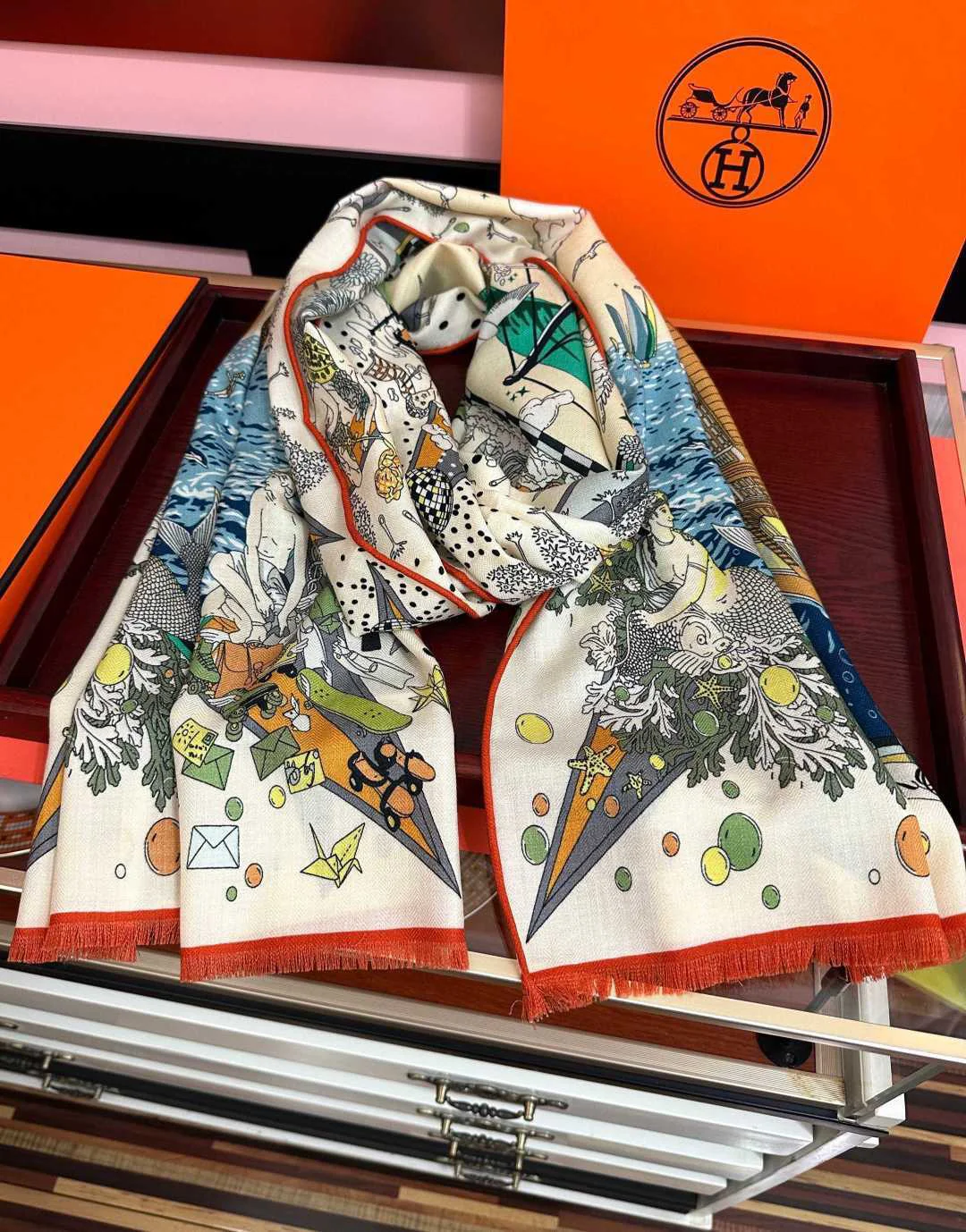 HERMES Scarves Cashmere Beige-Green-Orange 65x185 A8510073271 - Image 4