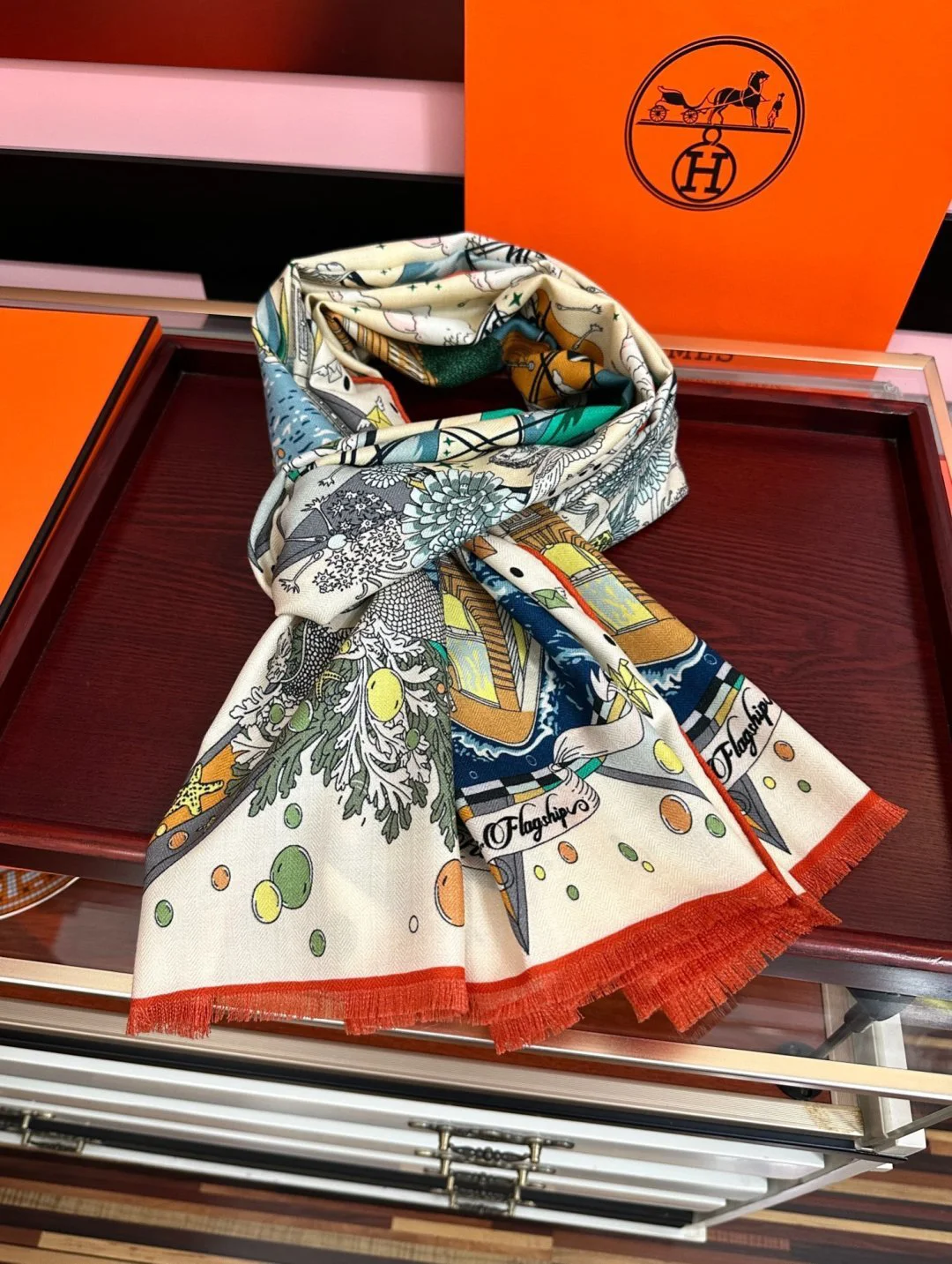 HERMES Scarves Cashmere Beige-Green-Orange 65x185 A8510073271 - Image 5