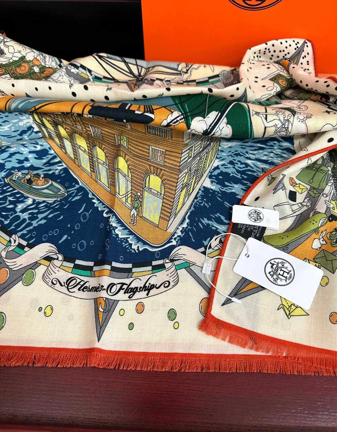 HERMES Scarves Cashmere Beige-Green-Orange 65x185 A8510073271 - Image 7