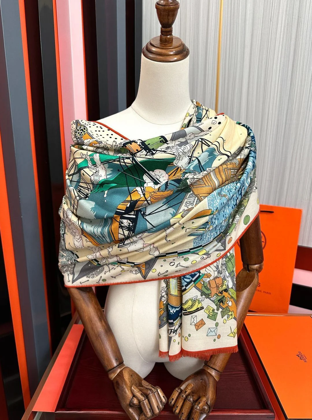 HERMES Scarves Cashmere Beige-Green-Orange 65x185 A8510073271 - Image 8