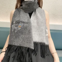 HERMES Scarves Cashmere Gray-Black One Size A2010070961