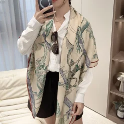 HERMES Scarves Cashmere Silk Beige-Green ONE SIZE B1510070108