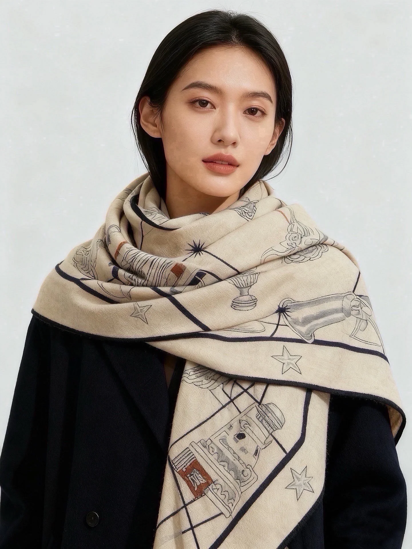 HERMES Scarves Silk & Cashmere Beige-Black 140X140CM B0510072168 - Image 3
