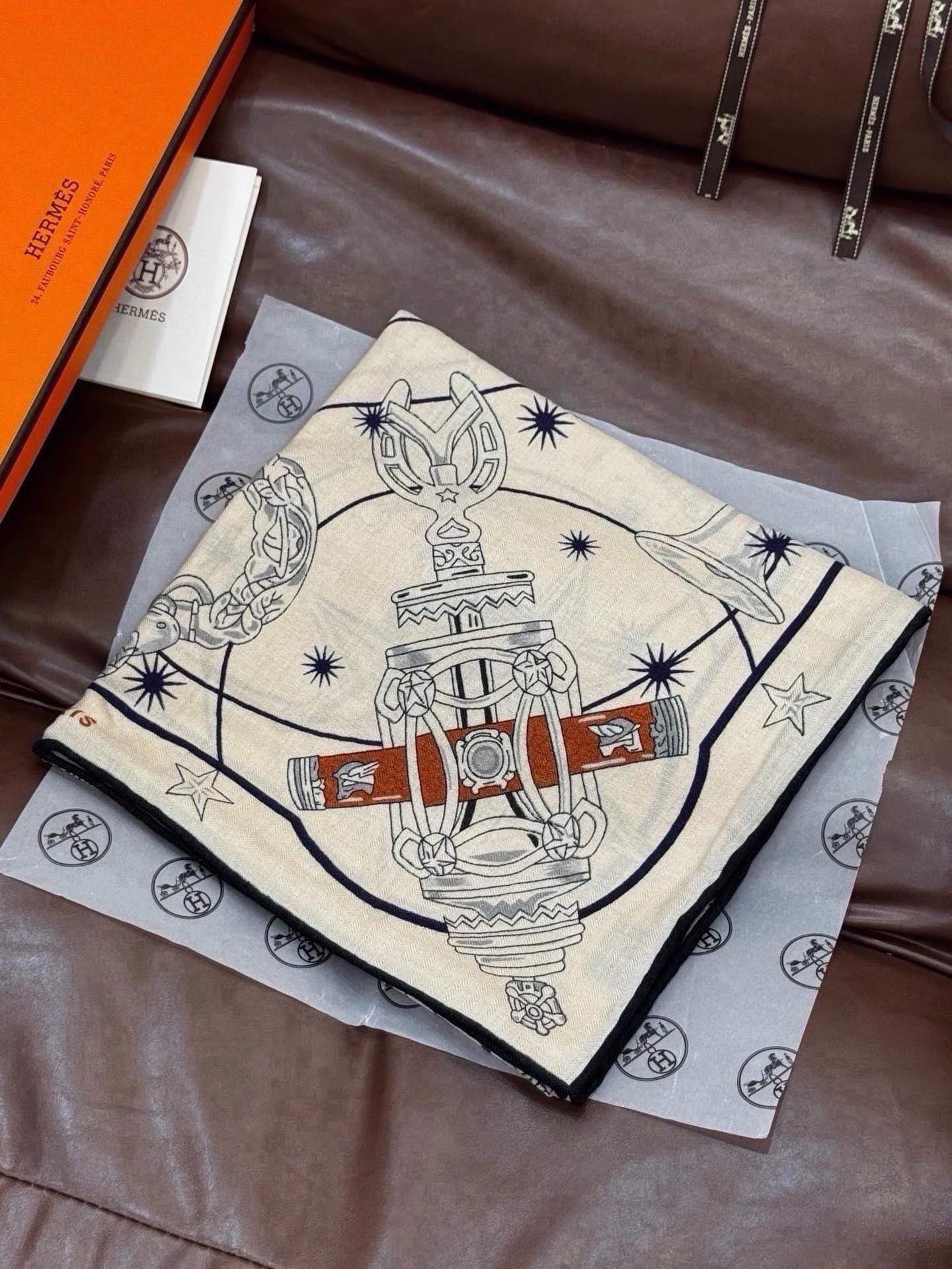 HERMES Scarves Silk & Cashmere Beige-Black 140X140CM B0510072168 - Image 4