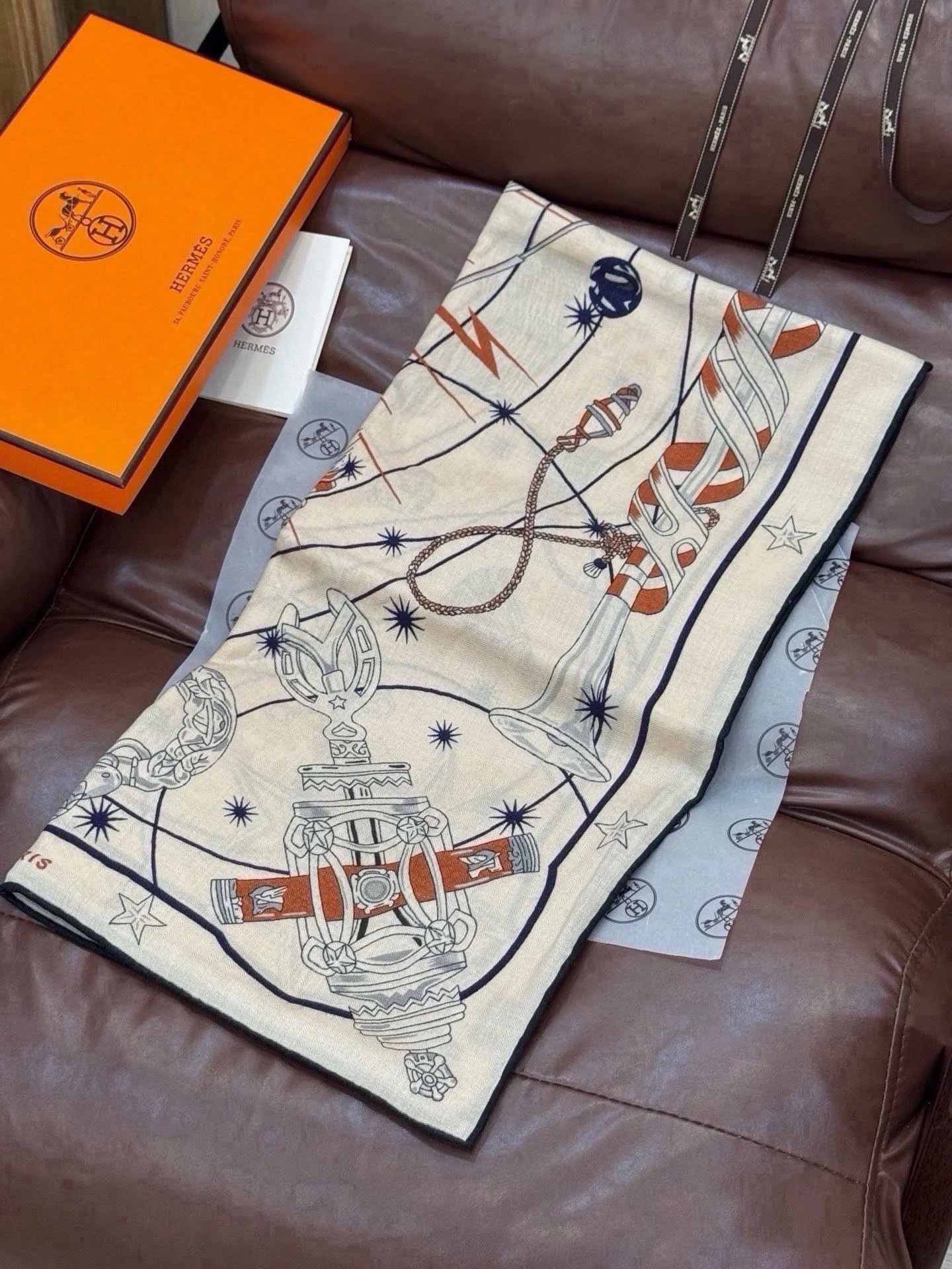 HERMES Scarves Silk & Cashmere Beige-Black 140X140CM B0510072168 - Image 5