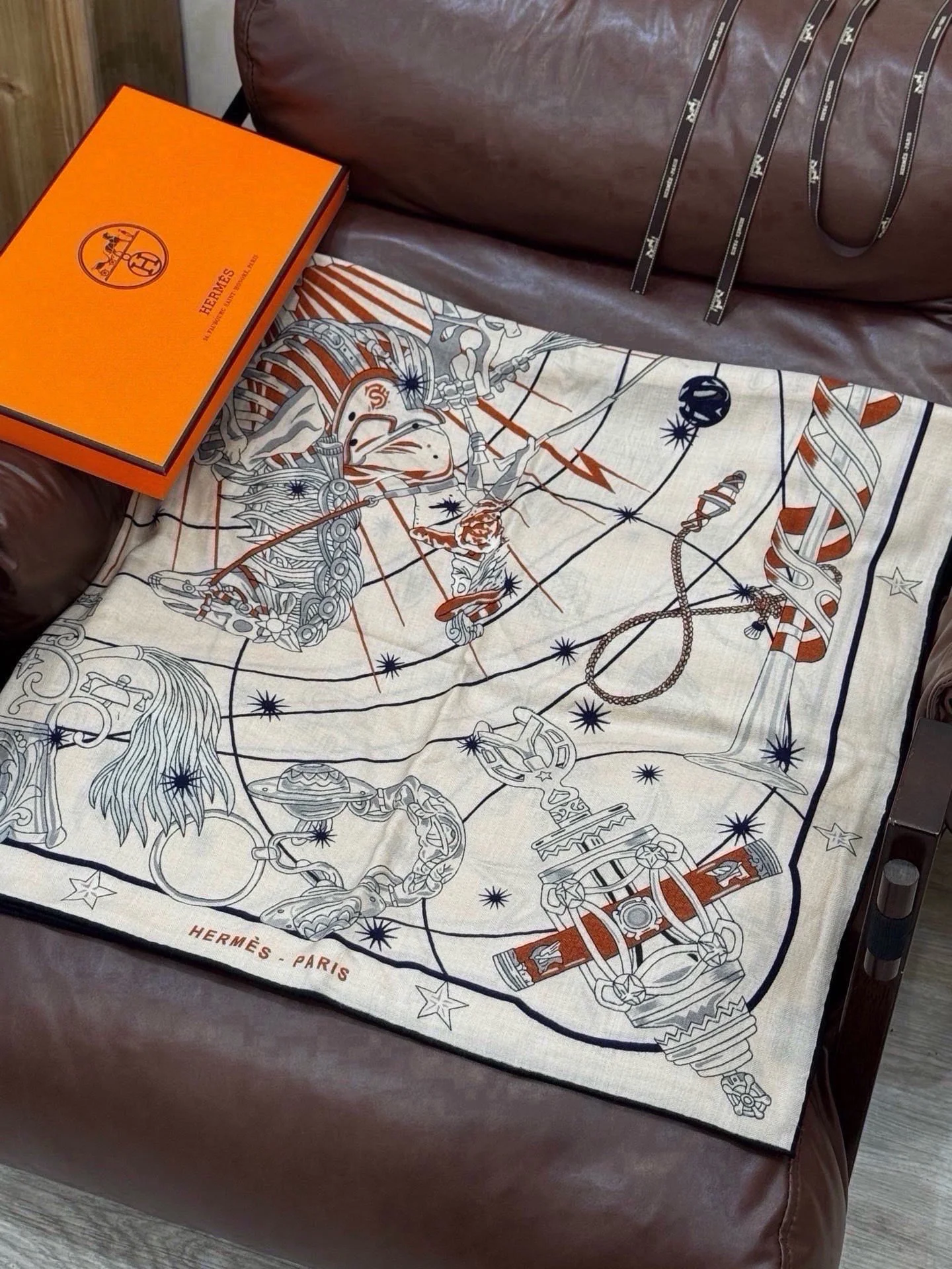 HERMES Scarves Silk & Cashmere Beige-Black 140X140CM B0510072168 - Image 6