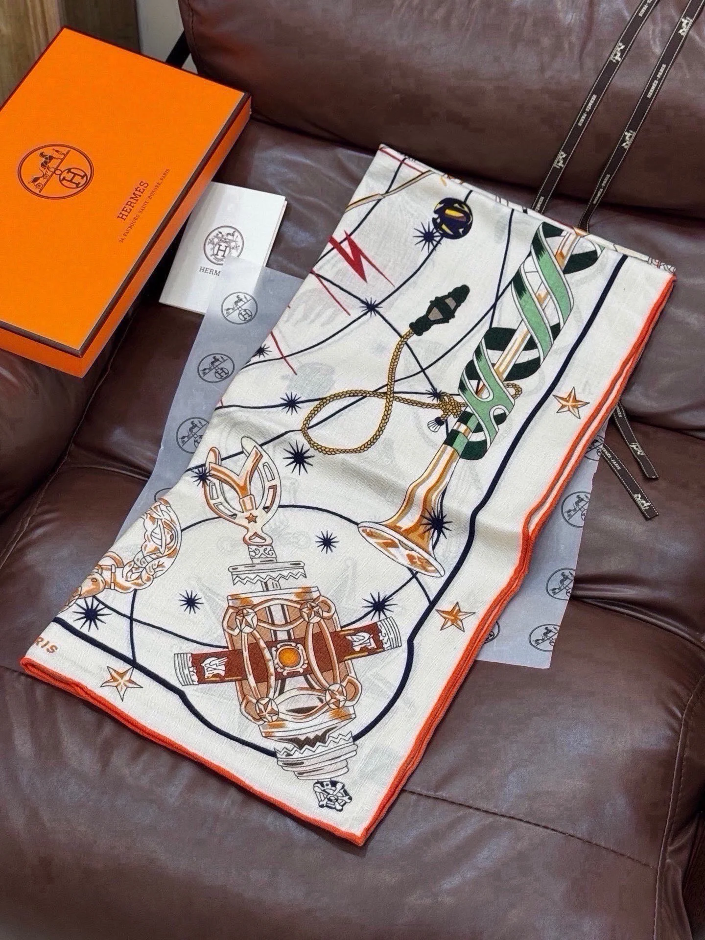 HERMES Scarves Silk Cashmere Cream-Brown 140X140 CM B0510072167 - Image 5