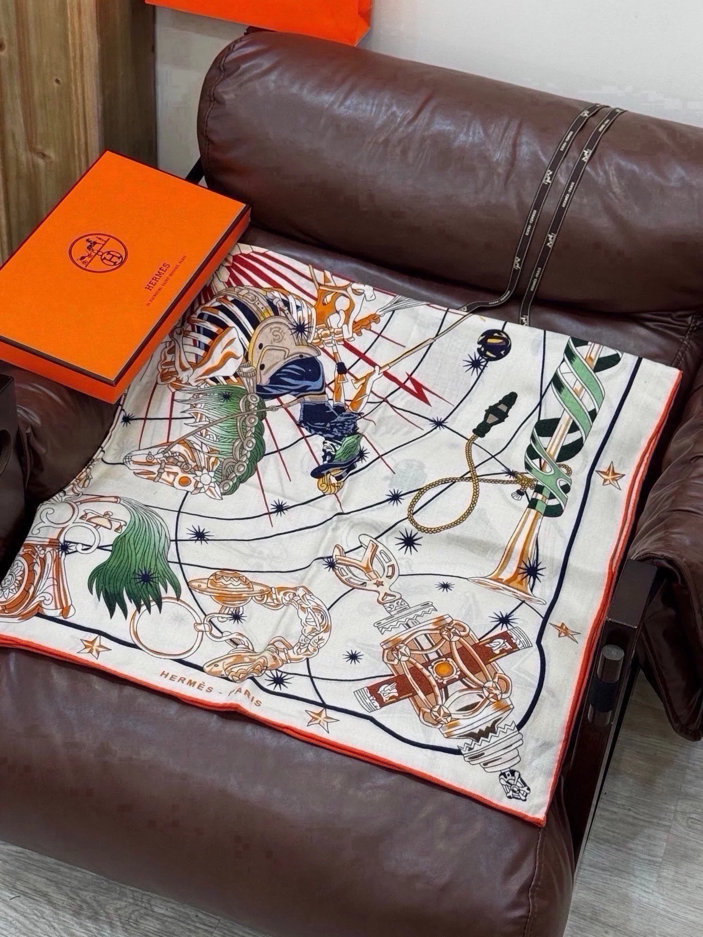 HERMES Scarves Silk Cashmere Cream-Brown 140X140 CM B0510072167 - Image 6