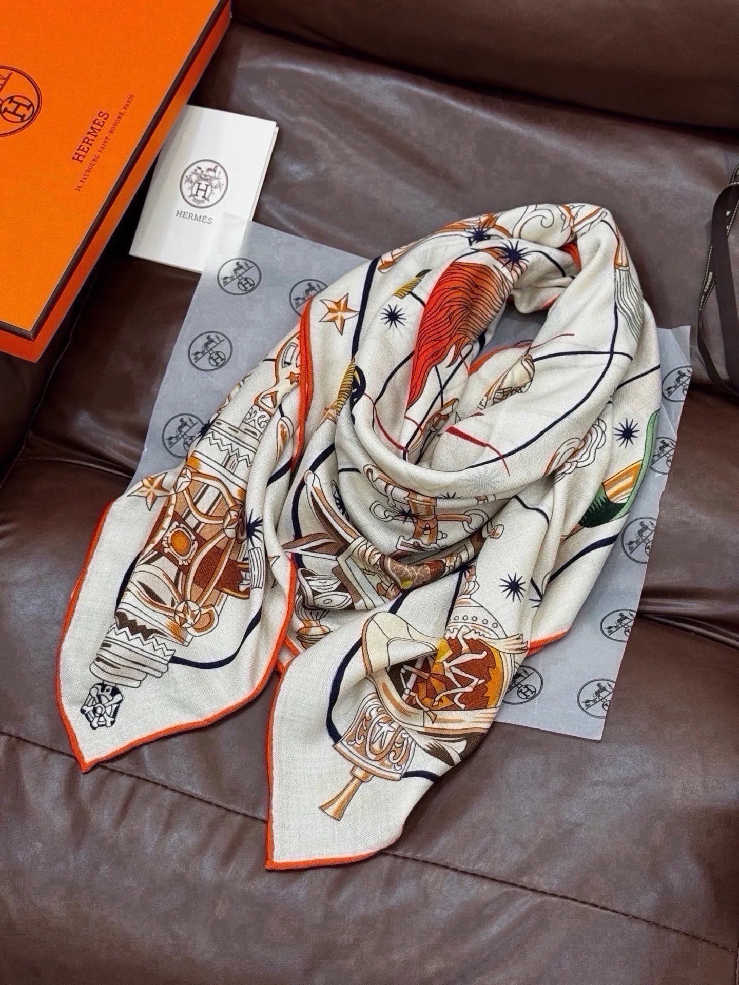 HERMES Scarves Silk Cashmere Cream-Brown 140X140 CM B0510072167 - Image 8