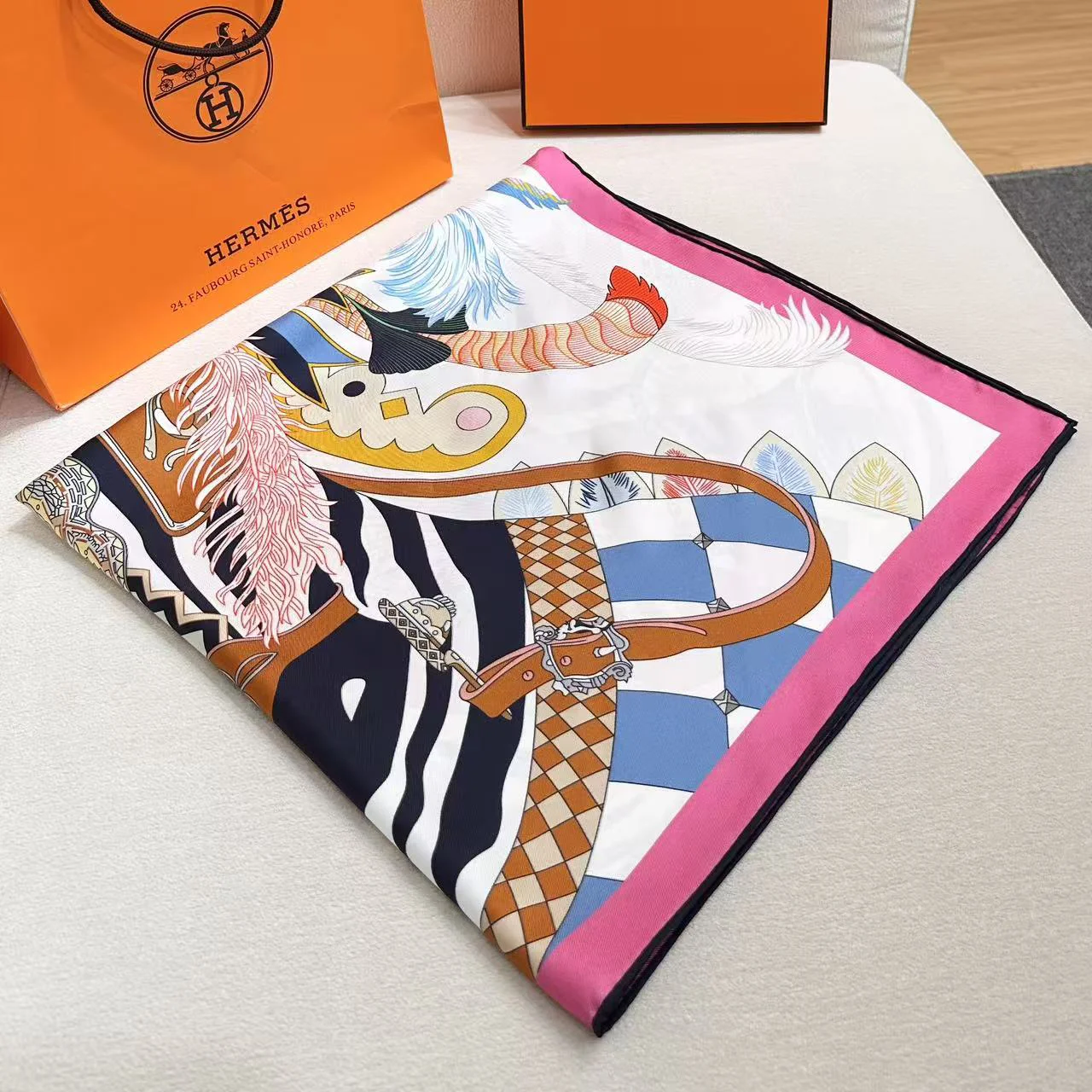 HERMES Scarves Silk White-Pink-Orange-Blue-Black One Size A7510072159 - Image 3