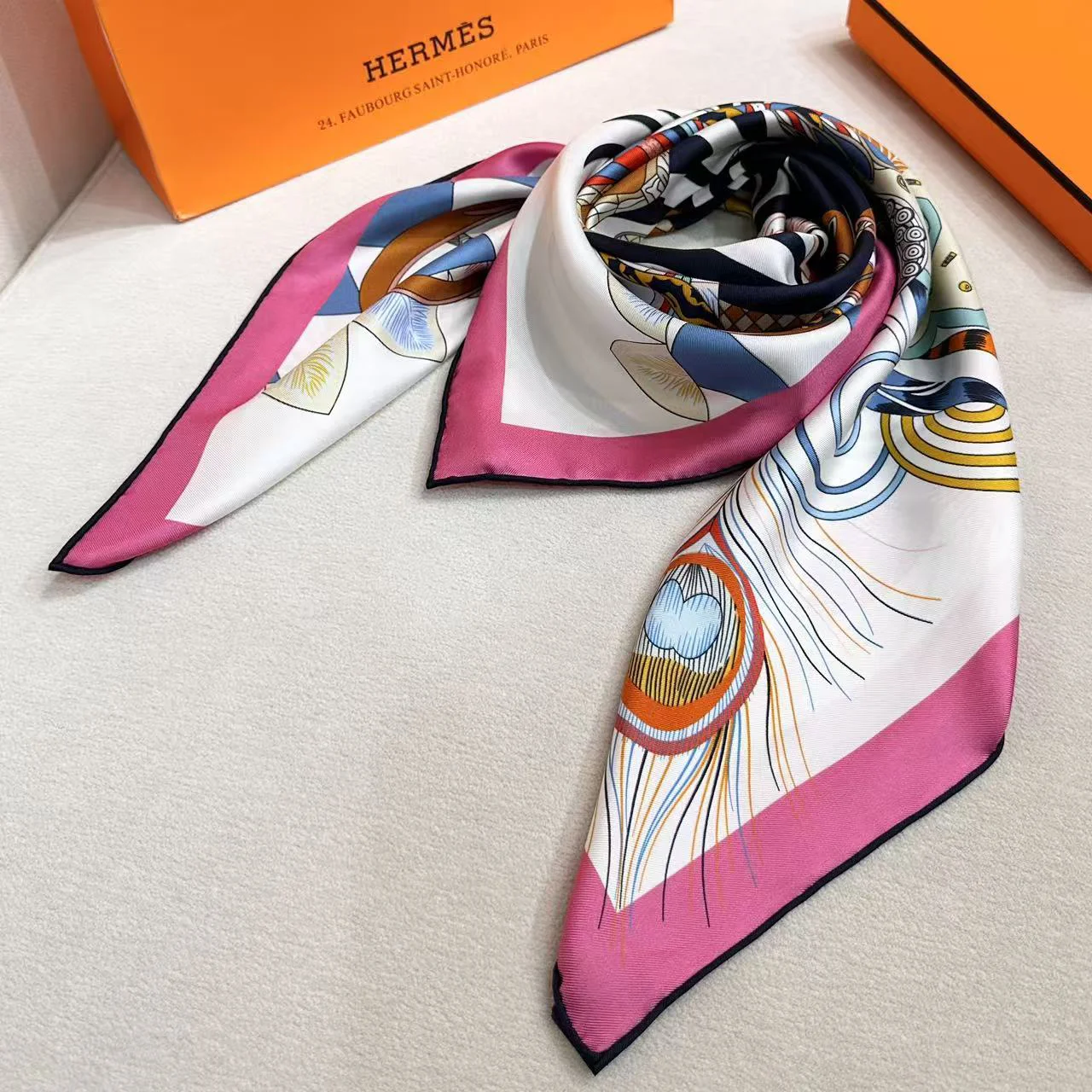 HERMES Scarves Silk White-Pink-Orange-Blue-Black One Size A7510072159 - Image 5