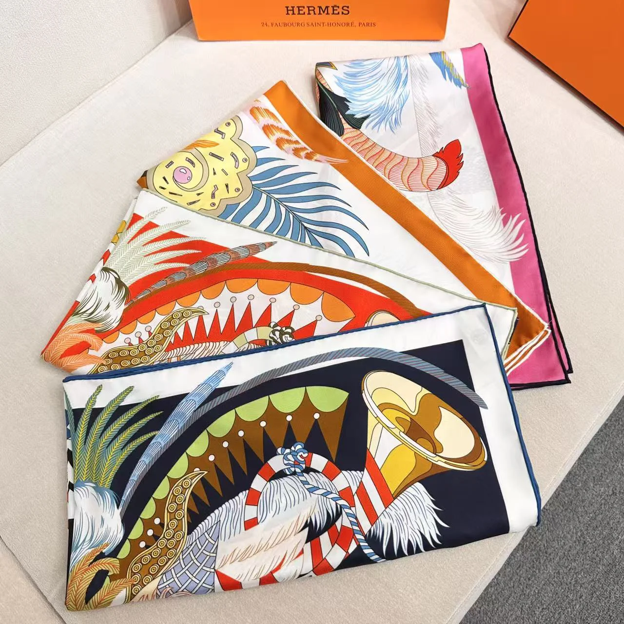 HERMES Scarves Silk White-Pink-Orange-Blue-Black One Size A7510072159 - Image 9