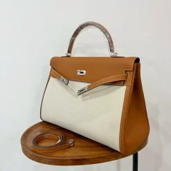 HERMES Top Handle Bags Canvas Swift Leather Brown-White 40CM A85010062380