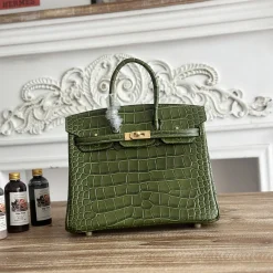 HERMES Top Handle Bags Embossed Calfskin Green-Gold 25-30CM A35010063592