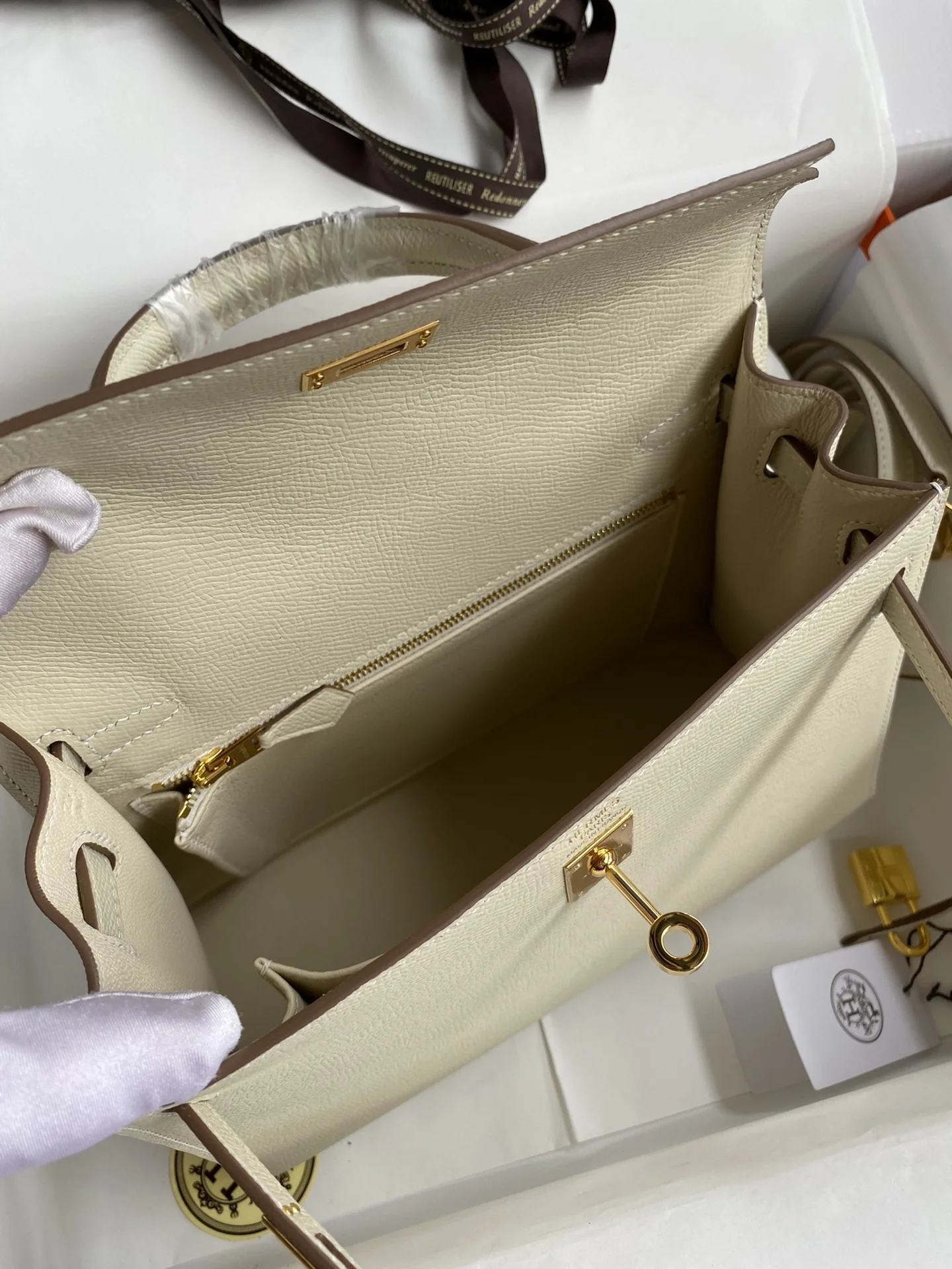 HERMES Top Handle Bags Epsom Leather Beige-Gold 25CM A05010060321 - Image 8