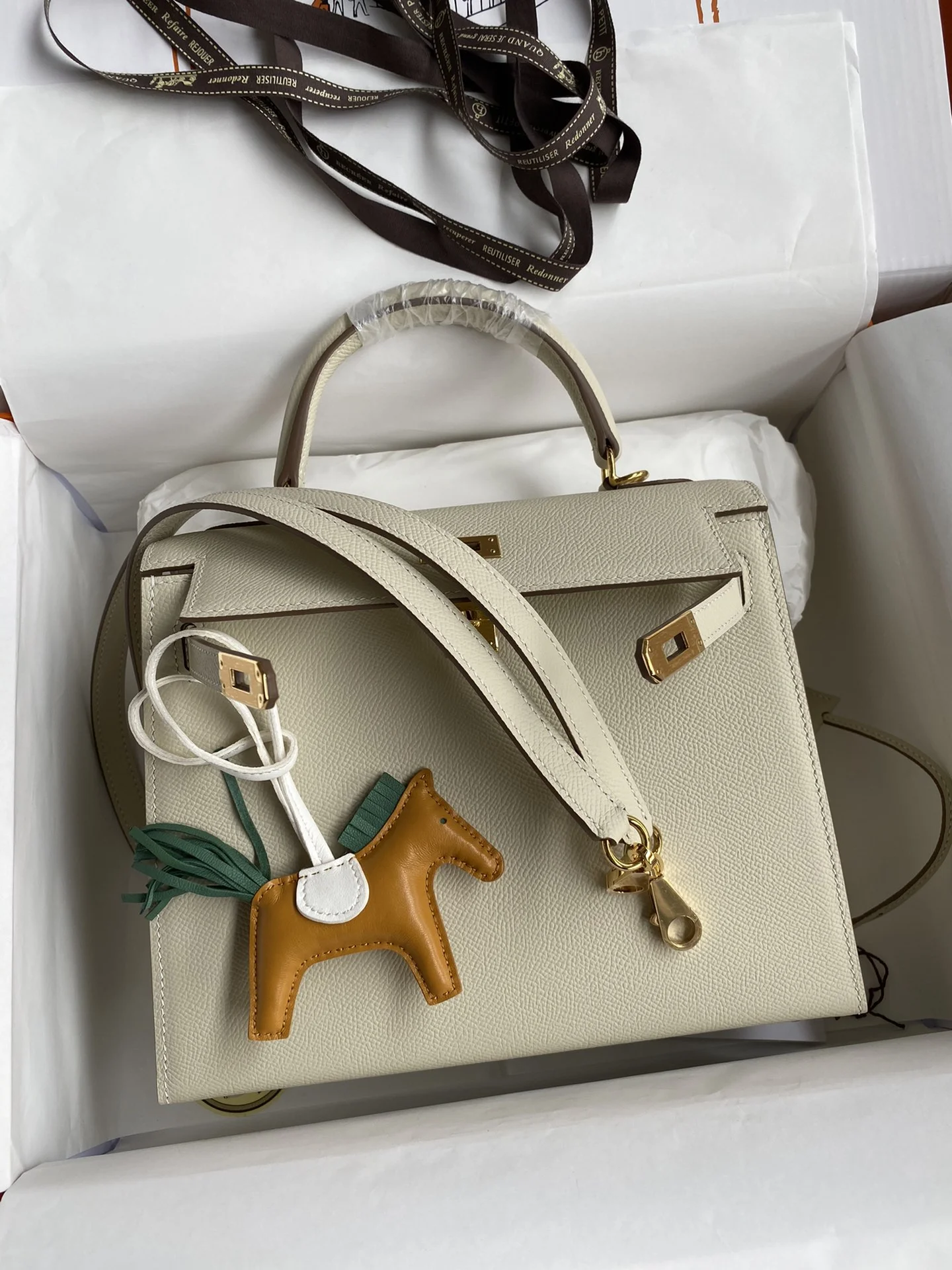 HERMES Top Handle Bags Epsom Leather Beige-Gold 25CM A05010060321 - Image 9