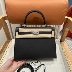 HERMES Top Handle Bags Epsom Leather Black-Beige 25CM A05010060729