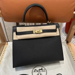 HERMES Top Handle Bags Epsom Leather Black-Gold 25CM A05010060735