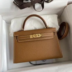 HERMES Top Handle Bags Epsom Leather Brown-Gold 19CM F5010062296