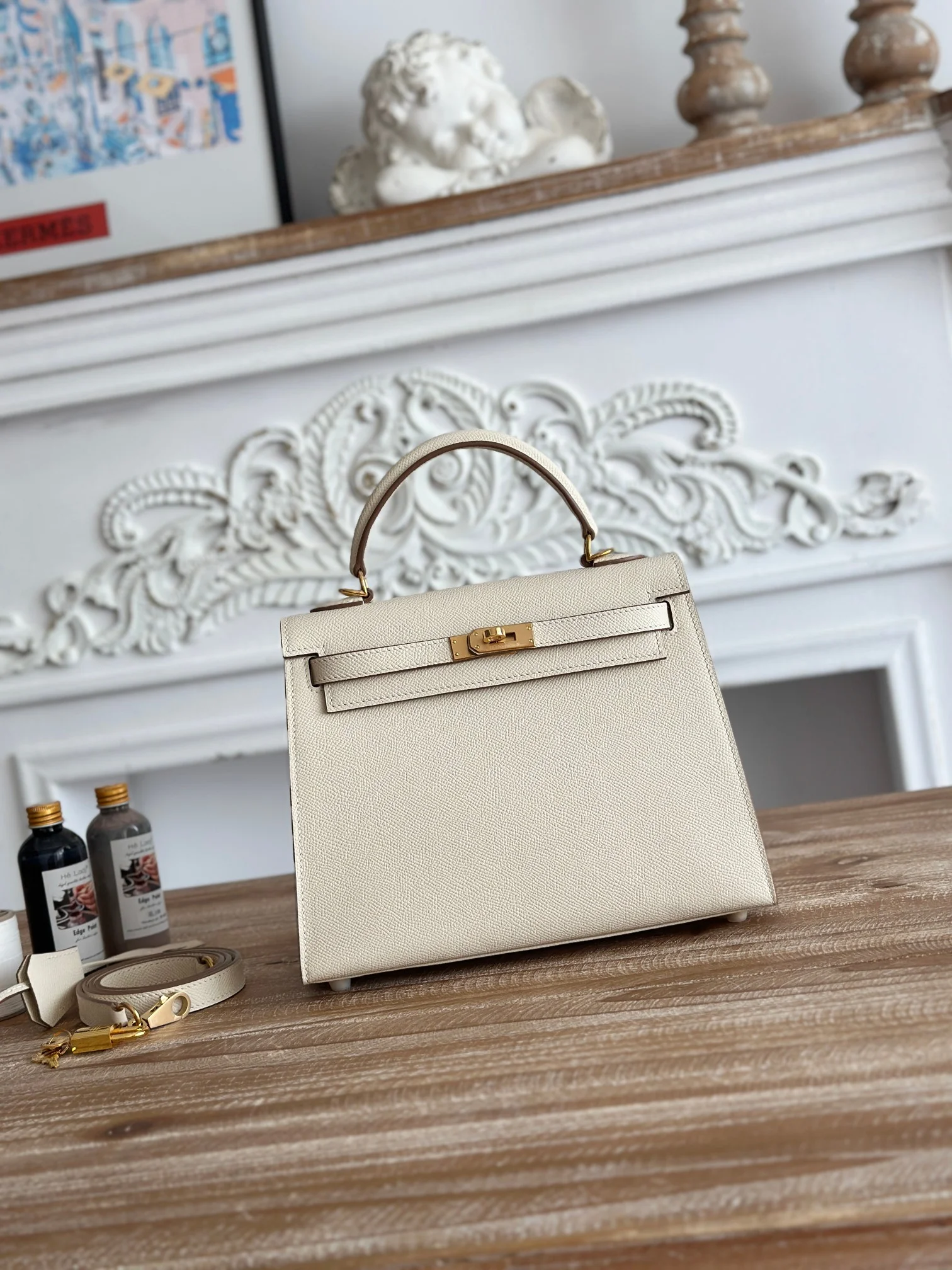 HERMES Top Handle Bags Epsom Leather Cream-Gold 25CM A05010060926