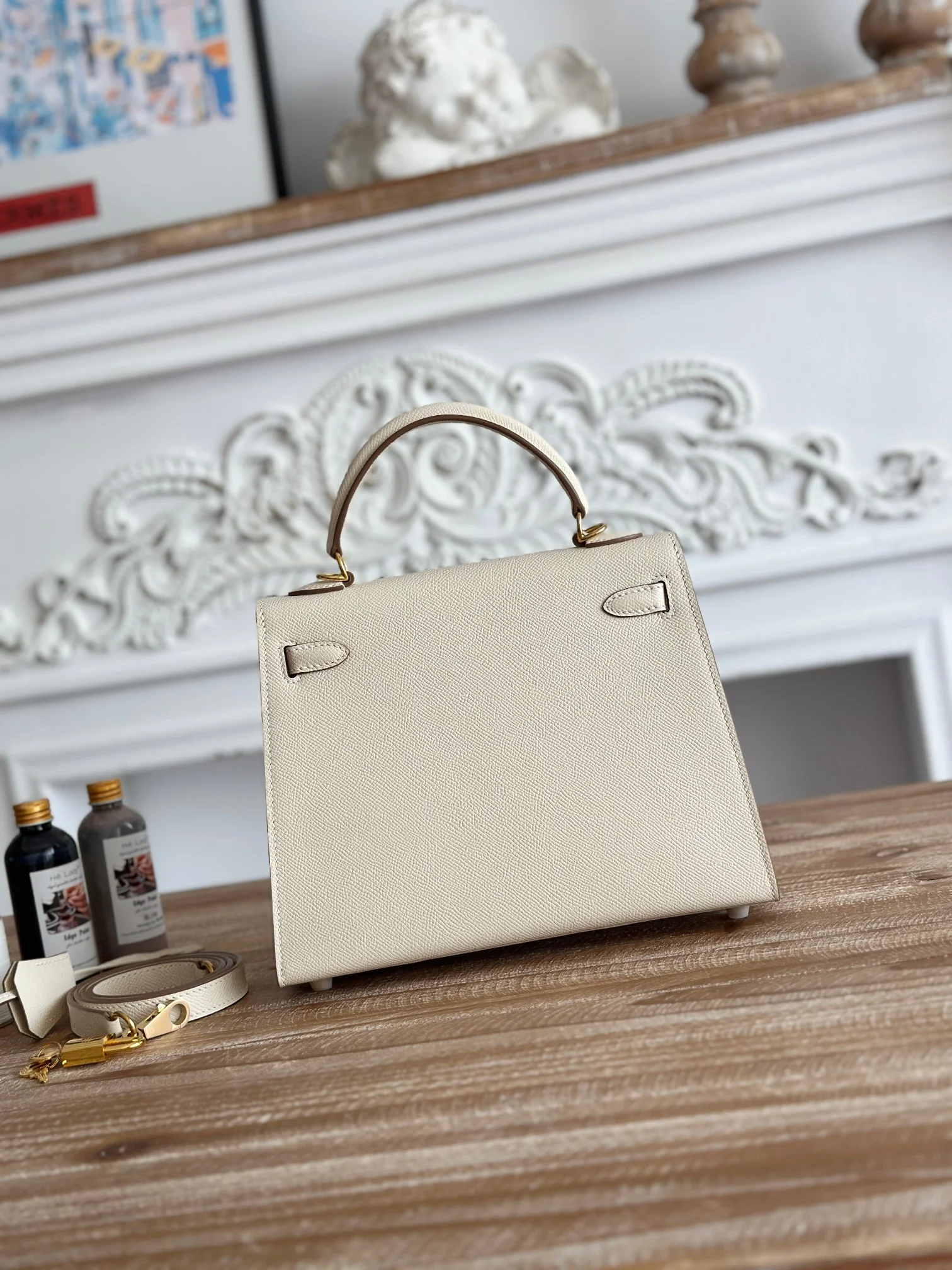 HERMES Top Handle Bags Epsom Leather Cream-Gold 25CM A05010060926 - Image 3