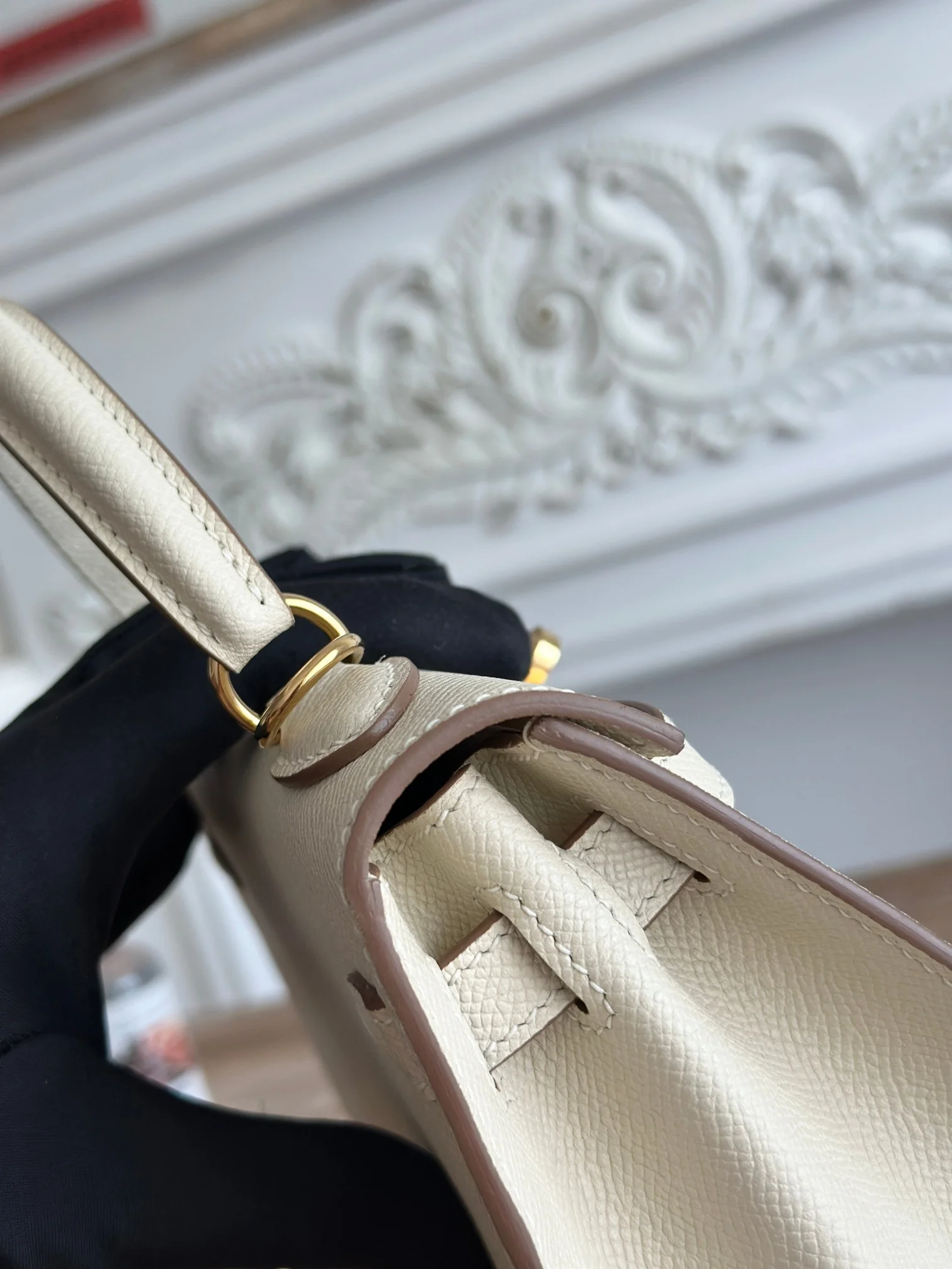 HERMES Top Handle Bags Epsom Leather Cream-Gold 25CM A05010060926 - Image 5