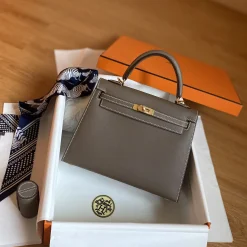 HERMES Top Handle Bags Epsom Leather Gray-Gold 25CM A05010060874