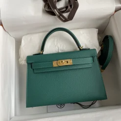 HERMES Top Handle Bags Epsom Leather Green-Gold 19CM F5010062229