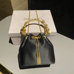 JIMMY CHOO Bucket Bags Satin Black-Gold 16X16X9.5CM A20010066546