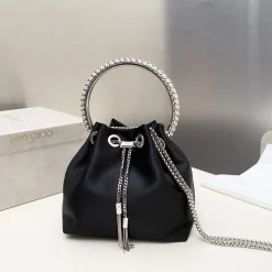 JIMMY CHOO Bucket Bags Satin Black-Silver 16X15X9.5CM H5010066581