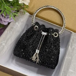 JIMMY CHOO Bucket Bags Satin Crystal Black-Silver 16X15X9.5CM A20010066504