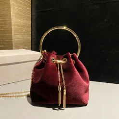 JIMMY CHOO Bucket Bags Velvet Burgundy-Gold 16X15X9.7CM G8010066554