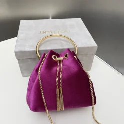JIMMY CHOO Bucket Bags Velvet & Metal Purple-Gold 16X15X9.7CM G8010066556