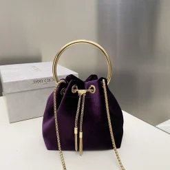 JIMMY CHOO Bucket Bags Velvet Purple-Gold 16X15X9.7CM G8010066551